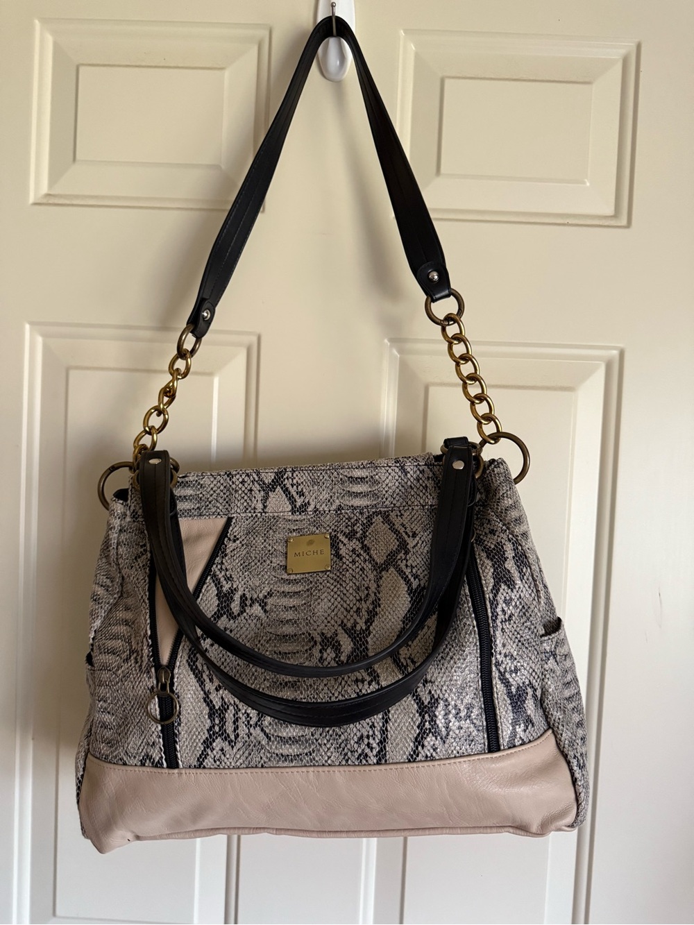 Miche Snake-Print Shoulder Bag in Beige, Black and Gold-Tone